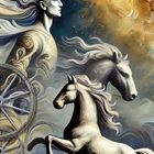 VII - Der Wagen. Illustration: Zwei weiße Pferde, ein männliches Profil im Wind und ein Wagenrad in dynamischer, kosmischer Szene.