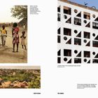Texte: "Water scarcity in rural areas: little girls pumping water, Abyei Administrative Area, South Sudan" und "Gambia Police Force building façade, Banjul." Links Mädchen an einer Wasserpumpe, rechts Gebäude mit geometrischen Mustern. Unten Stadtansicht und Grenzposten.