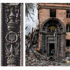 Links Verzierungen mit Symbol; rechts zerstörtes Gebäude mit "WINETIME" über dem Eingang und Rettungskräften vor Ort.