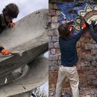 Links putzt eine Person eine große Skulptur. Rechts arbeiten drei Personen an einem farbigen Mosaik an einer Ziegelwand.