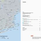 Inhaltsverzeichnis links, Karte rechts. Kapitel über Neuengland-Region mit Routen und Städten. "New England, Vol. 2" unten.