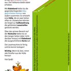 Bastelanleitung mit Text: „Hier nicht kleben! Viel Spaß!“ Illustration eines Hundes mit Schere und Büchern.