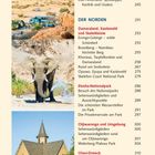 Seite 8. Inhalte zu Orten wie Walvis Bay, Sandwich Harbour und Etosha-Nationalpark. Bilder: Berge, Elefant, Kirche.