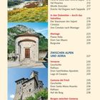 Seite 8, Inhalt. Titel wie "Durch die Karnischen Alpen" und "Zwischen Alpen und Adria". Drei Fotos von Berg- und Schlosslandschaften.
