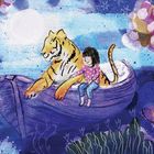 Eine Illustration zeigt ein Kind mit einem Tiger in einem Boot unter einem Mond und bunten Sternen.