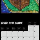 August · Août · Agosto. Kalender für August 2027, Illustration eines bunten Bootes auf grünem Hintergrund.