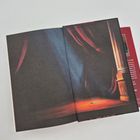 Auf der Rückseite eines geöffneten Buchcovers steht Text, der über den Autor spricht. Daneben eine Illustration: roter Vorhang und Dolch.