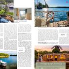 Texte: „Auf NICHTS muss man an BORD verzichten.“ „Dein Lieblingsplatz.“

Beschreibung: Zwei Seiten mit Text und Fotos von Wasser, Booten und Holzhütten.