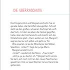 Text: "DIE ÜBERRASCHUNG" und Seitenzahl "17". Eine Frau namens Margret hat kürzlich geheiratet und gewöhnt sich an ihren neuen Namen.