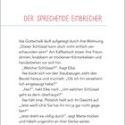 Der Text besteht aus einem Titel "DER SPRECHENDE EINBRECHER" und einem Kapitelabschnitt mit einem Dialog über einen verlorenen Schlüssel.