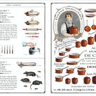 Links Werbetext für E. Dehillerin, Abbildungen von Küchenutensilien; rechts Frau mit Töpfen im Retro-Stil.