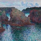 Gemälde von felsiger Küstenlandschaft mit tiefblauem Meer, wildem Wasser und dramatischem Himmel. Natürliche Farbspiele.