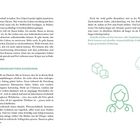 Seite enthält Text über Ernährung und Mythen. Illustration zeigt stilisierte Symbole: zwei Würfel, Tropfen, Person mit Stethoskop.