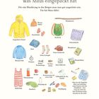 "Was Maus eingepackt hat" ist eine Liste für eine Bergwanderung mit Ausrüstung wie Regenmantel, Mütze, Rucksack und Wanderstock.