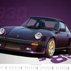 Text "930 3.3 turbo" vor lila Hintergrund. Ein klassischer Sportwagen in Lila mit goldenen Felgen, darunter Kalendarium für August.