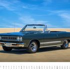 August-Kalenderblatt mit einem 1968er Plymouth GTX Convertible, dunkelgrün, vor blauem Himmel.