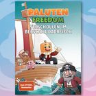 Text: PALUTEN FREEDOM VERSCHOLLEN IM BERSCHMUDA-DREIECK. Illustration: Cartoonfiguren auf einem Boot, Pirat, Meer.
