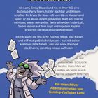 „Befreie Lami aus dem verrückten Buch!“ Ein verrückter Wissenschaftler mit grüner Brille, lachend. Blaues Hintergrunddesign.