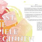 "Lasst die Spiele beginnen" in großer Schrift. Hintergrund: Bunte Würfel und Pinselstriche. Text beschreibt Pen & Paper Spiele.