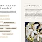 Links: "Best Moments – Gesprächsimpulse", dialogfördernde Texte. Rechts: Anleitung für DIY-Glückskekse, Zutatenliste und Bild der Kekse.