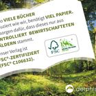 Text über kontrollierte Waldwirtschaft, FSC-Zertifizierung. Waldszene im Hintergrund, FSC-Logo und Delphin-Logo unten.
