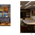 "Harmony" steht unten. Links sind Bilder von Türen auf Steinwand, darunter Töpfe. Rechts ein Konferenzraum mit Kunstwerken.