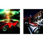 Links: "315 S, CH. 0674, 1957". Rechts: Motoransicht. Rotes, klassisches Auto unter dramatischem Himmel.
