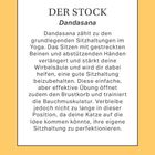 Text über die Yoga-Haltung "Dandasana", ihre Vorteile für Haltung und Muskeln. Hintergrund in hellem Gelb.