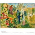 August 2027. Kalender mit Gemälde: Bunte, abstrakte Blumen in lebendigen Farben, grün, blau, rot und gelb.