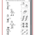 „Welches Kind hat wie viele Schuhe? (ab 4 Jahren)“ Aufgabe zum Verbinden von Kindern mit Schuhbildern. Unten „altersgerechte Vorlagen“.