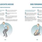 Die leichte Hocke und Der Fersensitz mit Anleitungen zur Übung. Illustrationen zeigen je eine Person beim Ausführen der Übungen.