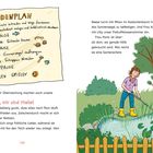 "Stundenplan: 1. Büsche schneiden, 2. Kräuterbeet anlegen, Pause, Sitzgelegenheit bauen, Pause, Sonnensegel aufhängen."  
Links ist ein handgeschriebener Plan, rechts eine Illustration mit einer Frau und einem Kind beim Gärtnern an einem Teich.