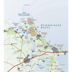 Karte von Usedom mit Orten wie Peenemünde, Wolgast, Ostseebad Zinnowitz und Entfernungsangaben. Enthält Symbole.