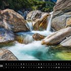 Text: "Schweiz 08", "Wasserfall im Valle Verzasca". Ein Wasserfall fließt über sanft geformte Felsen in klarem, türkisfarbenem Wasser.