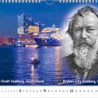 "Brahms-Stadt Hamburg, Deutschland. Brahms City Hamburg, Germany." Kalenderansicht mit Hafen, Gebäude und einem Porträt.