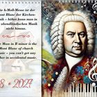 Kalenderblatt mit Zitat über Musik. Rechts Illustration: Porträt eines Mannes umgeben von Noten und Orgelpfeifen.