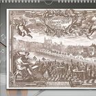 Titel: "Singende Kunst". Illustration einer historischen Stadt mit Engeln, Figuren beim Musizieren und Noten. Kalender am Rand.