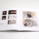 Doppelseite eines Buches mit mehreren abstrakten Zeichnungen und Kunstwerken sowie Erklärtexten.