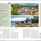 Texte: "Camping La Route Blanche", "Camping Aux Pommiers", "Camping de l'Ile Verte", "Zwischenstopp", "Dinan", "Saint-Malo", "Dinard", "Cap Fréhel". Oben: Panorama einer Stadt mit Fluss, unten: Meeresküste mit Promenade.