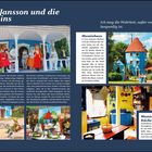 "Tove Jansson und die Mumins" oben links. "Ich mag die Wahrheit, außer wenn sie zu langweilig ist." Rechts. Kommentare zu den Mumincharakteren und -häusern mit bunten Fotos der Figuren und einem blauen, turmartigen Haus.