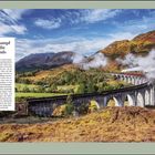 Text: "Mit Volldampf durch die Highlands" beschreibt den Jacobite Steam Train vor bergiger Landschaft und einem Viadukt.
