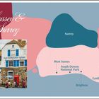 Titel: Dungeness. Text beschreibt die Halbinsel als karge Marschlandschaft mit Kiesfeldern und einer Eisenbahn. Rechts Bilder mit Essen und Strand.