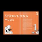 "Gemeinsam Erleben, Geschichten & Musik. Nummer 3." Links sitzt eine gezeichnete Person mit Kind, rechts steht jemand mit Pinsel.