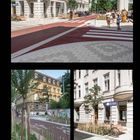 "Argentinierstrasse (Vienna, AT) 283" und "EINBAHN" auf einem Schild. Drei Fotos einer städtischen Straße mit Geschäften, Radweg und Menschen.