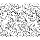 Eine Malen-nach-Zahlen-Illustration mit einem fröhlichen Kind und drei Einhörnern, umgeben von Sternen.