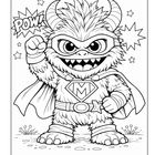 Text "POW!" Ein pelziges Monster mit Hörnern, Maske und Umhang, hebt die Faust. Ein Sternenmuster umgibt es.