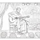 Ein Gitarrist sitzt auf der Bühne, spielt Gitarre. Publikum im Vordergrund, Vorhang links, Bögen und Pflanzen im Hintergrund.