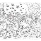 Illustration von Menschen, die unter Plagen leiden: Frösche, Insekten, kranke Tiere. Pyramiden im Hintergrund.