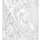 Eine Frau mit langen Haaren, zwei Zwerge, ein Drache und ein Phönix sind in einem verwunschenen Wald dargestellt.