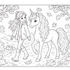 Illustration: Ein Mädchen spaziert mit einem Einhorn durch eine Herbstlandschaft, mit fallenden Blättern und Bäumen.